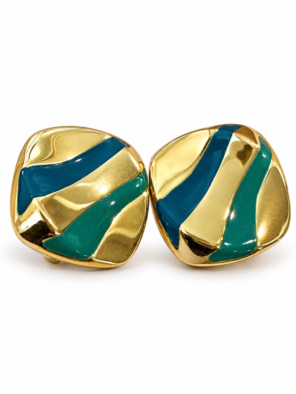 Vintage Trifari Gold Tone Blue & Green Enamel Square Clip-On Earrings 1”